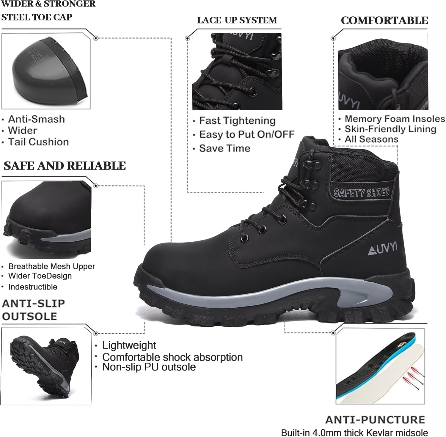 Waterproof Work Boots For Men - Steel Toe Boots Comfortable Wide Toe Safety Shoes Lightweight Durable Slip-Resistant Leather Work Footwear for Industrial & Outdoor Use - Image 2