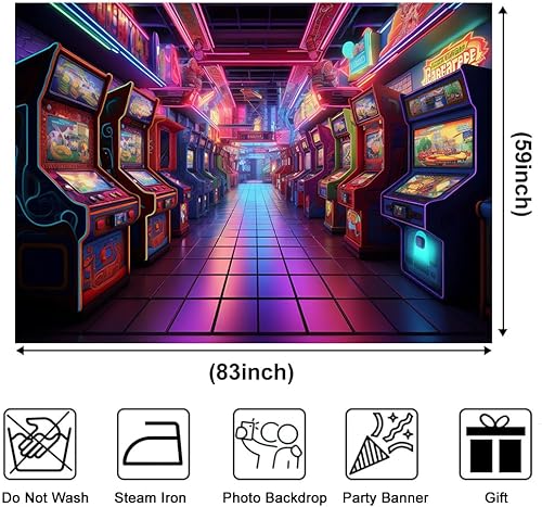 Miniatura 3 de Telón de fondo retro de 7 x 5 pies de los años 80 y 90 s Arcade Video Gaming Theme Decoración Fiesta de Cumpleaños Niños Sala de Juegos Fotografía
