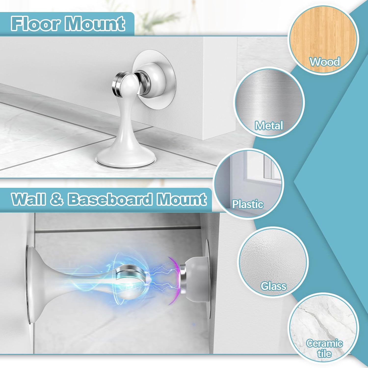 8 Pack Magnetic Door Stoppers, Stainless Steel Door Stops for Wall and Floor Mounting, Door Holder Keep Door Open, No Drilling Door Stop with 4D Adhesive Tapes, White