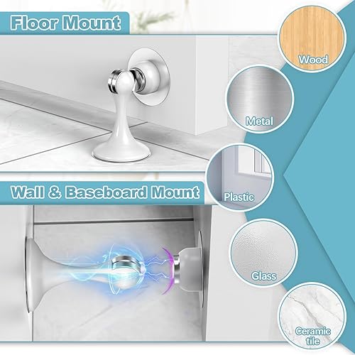 Vista 3 de Topes magnéticos para puerta, paquete de 4, topes de puerta de acero inoxidable para montaje en pared y piso, soporte de puerta mantiene la puerta