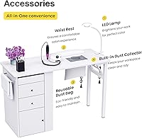Vista 7 de Foldable Nail Table with Dust Collector, Manicure Desk for Nail Tech, with LED Lamp, Wrist Rest, Rolling Nail Table for Salon, Home Beauty Blanco