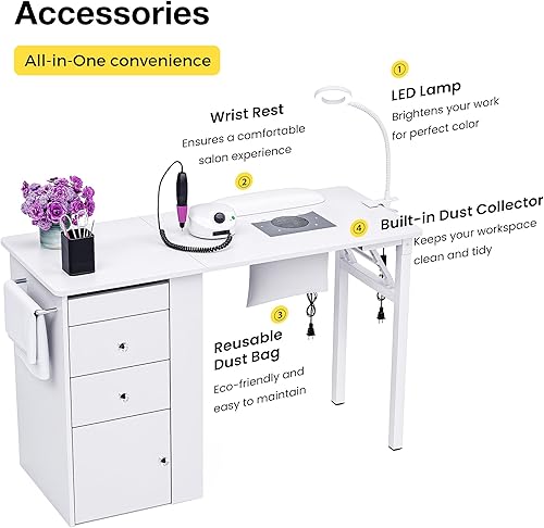 Miniatura 7 de Mesa de uñas plegable con colector de polvo, escritorio de manicura para tecnología de uñas, con lámpara LED, reposamuñecas, mesa de uñas rodante