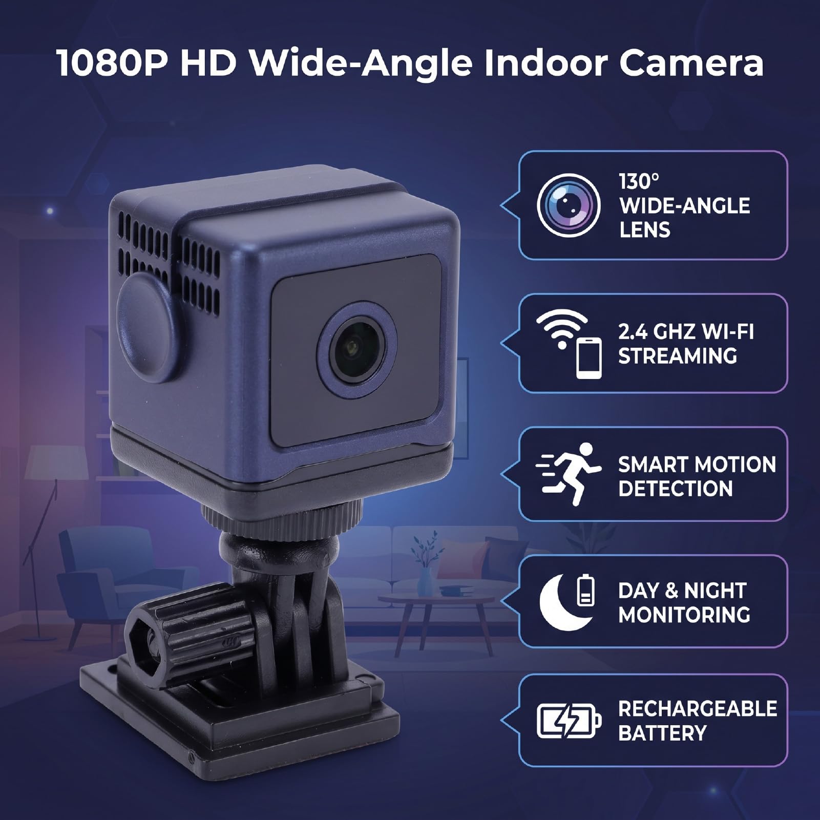 Annadue Telecamera di Sicurezza Portatile per Interni WiFi 1080P HD 2,4 GHz | Rilevamento Intelligente del Movimento Grandangolare da 130 Gradi Uso Diurno e Notturno Batteria Ricaricabile da 800 MAh