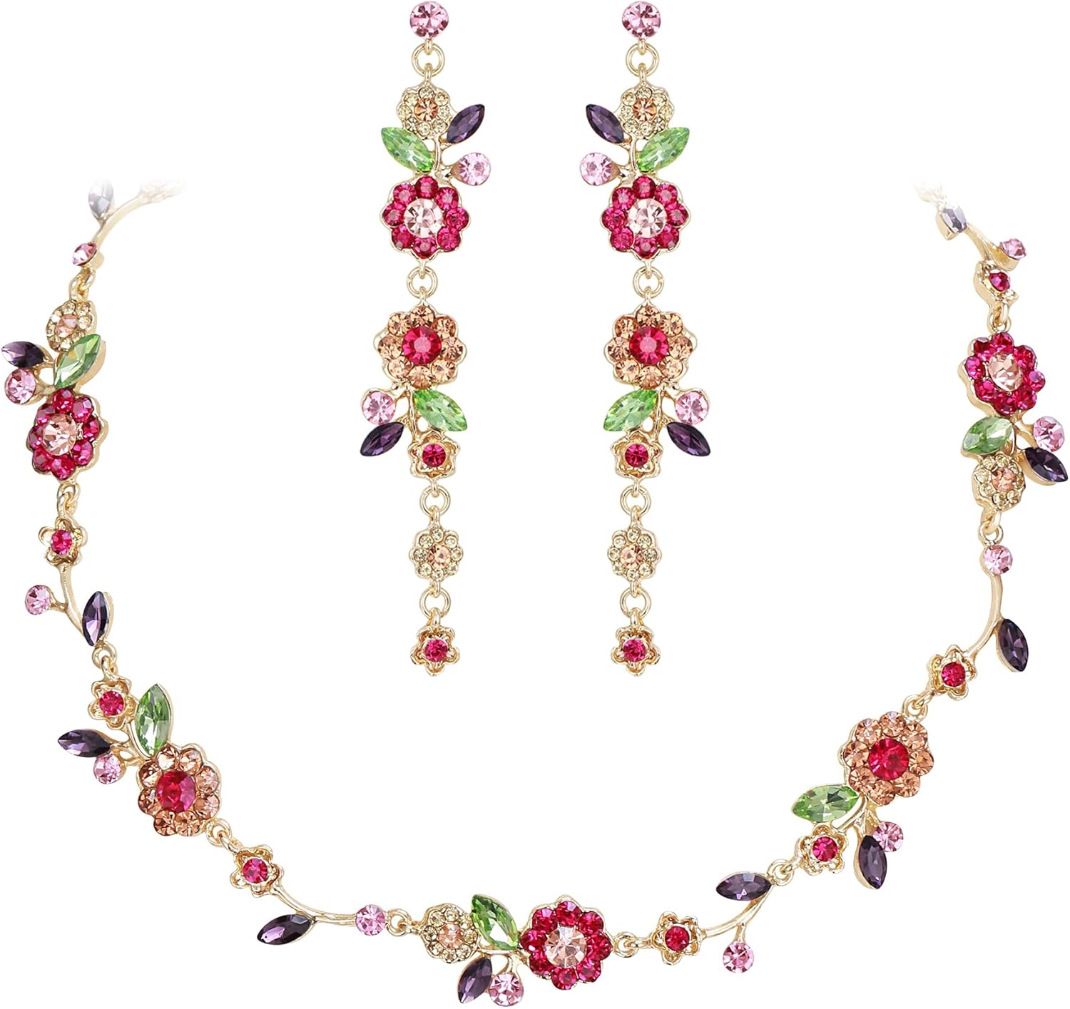 BriLove Flower Jewelry Set for Women,Gorgeous Stunning Crystal Elegant Flowers Marquise Cluster Statement Necklace Long Dangle Drop Earrings Party Prom Accessories