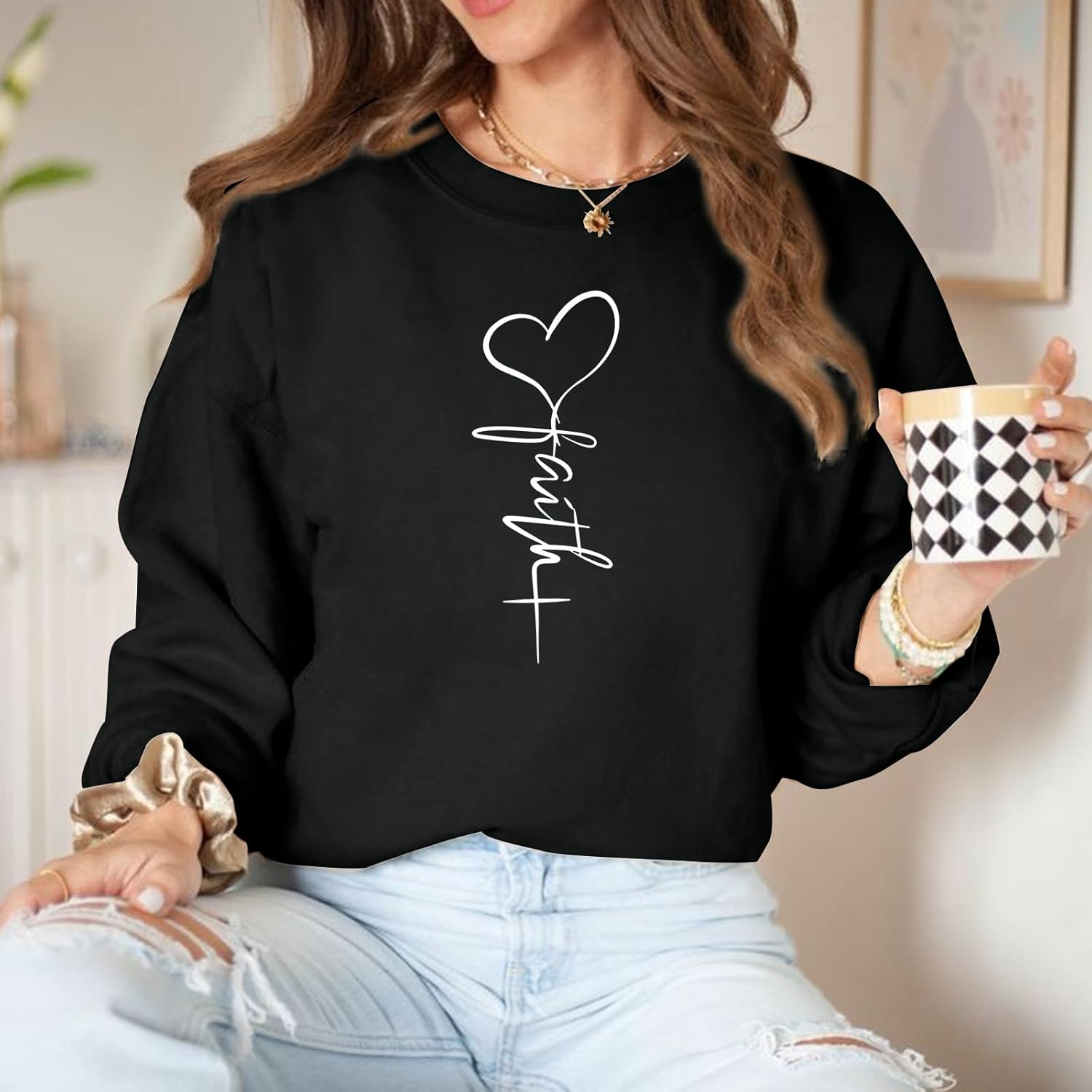 KIEKIECOO Faith Christian Sweatshirts for Women Religious Crewneck Sweatshirt Letter Print Fall Pullover Long Sleeve Tops - Image 2