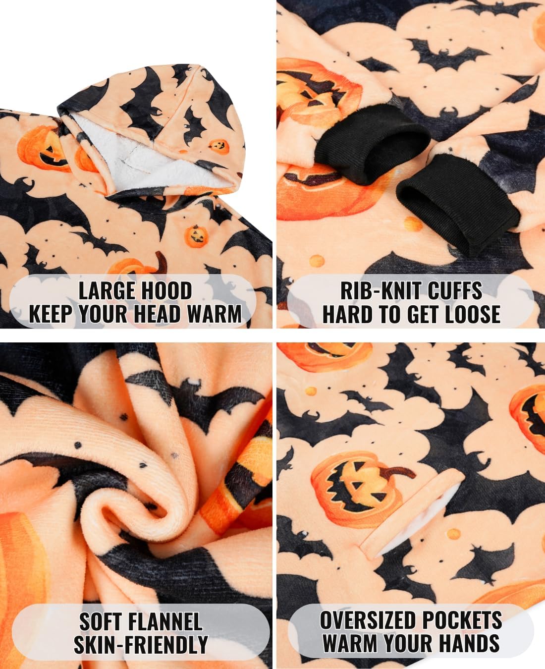 Halloween Gifts for Women Adults, Halloween Queen, Wearable Flannel Blanket Hoodie, Super Soft Warm Cozy with Two Large Pocket, One Size Fits Most - Pumpkin - Image 5