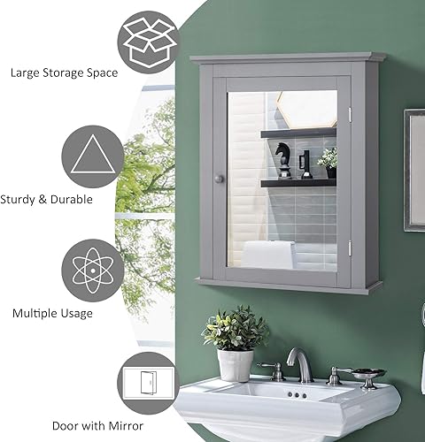 Miniatura 6 de Tangkula Armario de baño con espejo, gabinete de almacenamiento de pared con espejo con puerta única y estante ajustable en 5 posiciones, gabinete