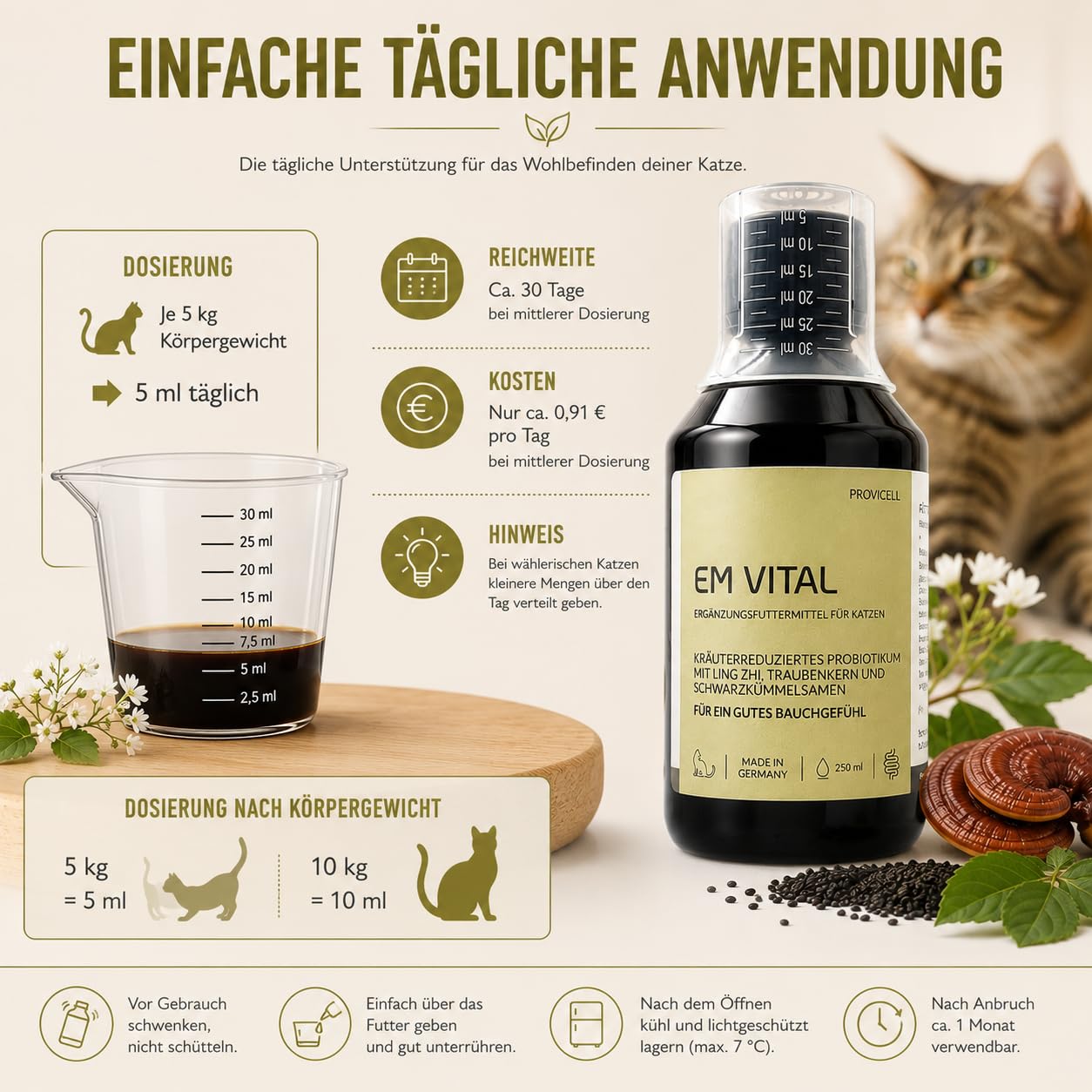 EM Vital Katze 250 ml - Premium Probiotika für Katzen Flüssig – zur Unterstützung der Darmflora – Fermentierte Pflanzenstoffe mit Mikroorganismen – Ohne Zusatzstoffe - Made in Germany