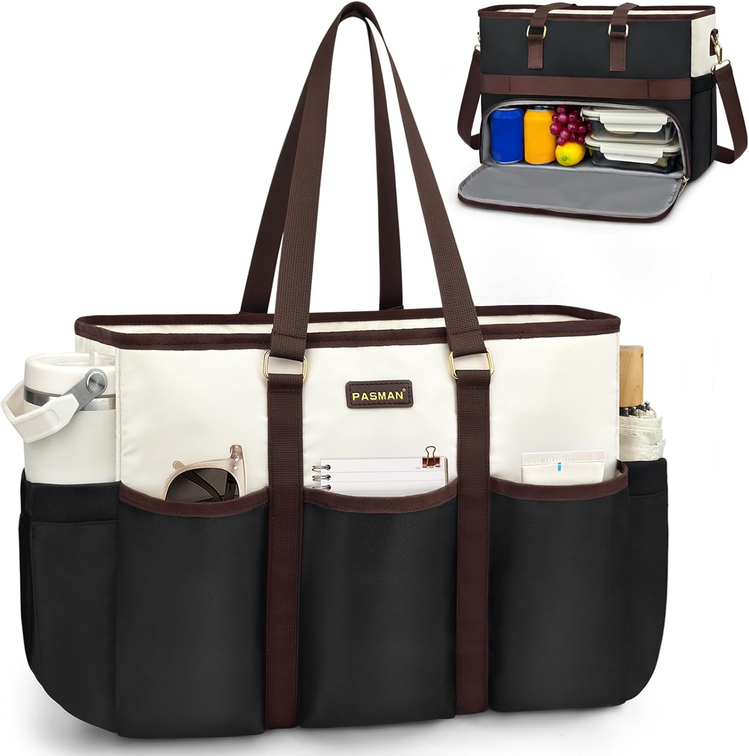PASMAN Lunch Tote Bag for Women,15.6 Inch Laptop Bag with Insulated Lunch Compartment,Multi-Pocket Work Bag with Cup Holder for Nurse,Teacher,Office,and Travel