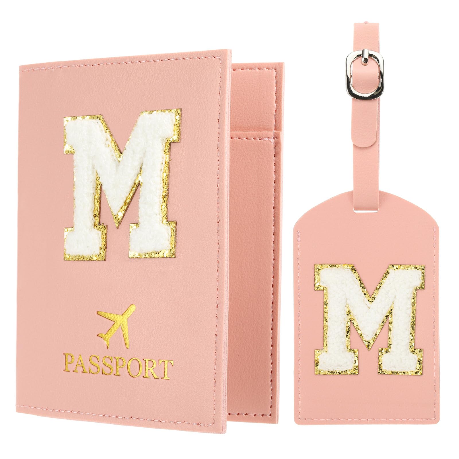 Passport Holder for Travel, Initial Passport Cover and Luggage Tag Set with Alphabet Chenille Letter Patch Travel Wallet Bag Suitcase Identifier for Women Family Travel Pink M, Pink, Modern-image-24