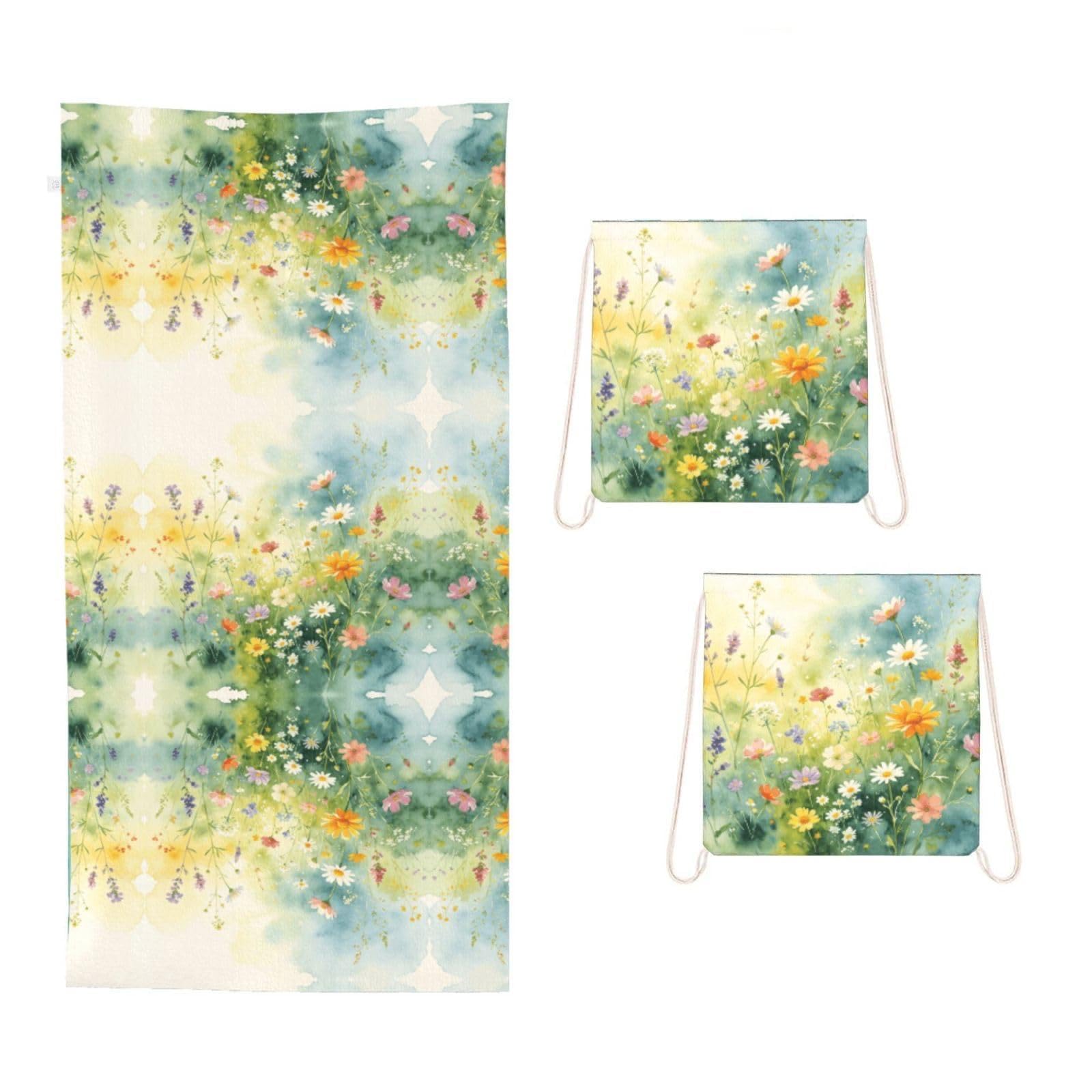 CNTDBU Watercolor Wild Art 2 in 1 Packable Towel Bag-Large Beach Towel with Stuff Sack, Super Absorbent Microfiber Travel Towel for Pool