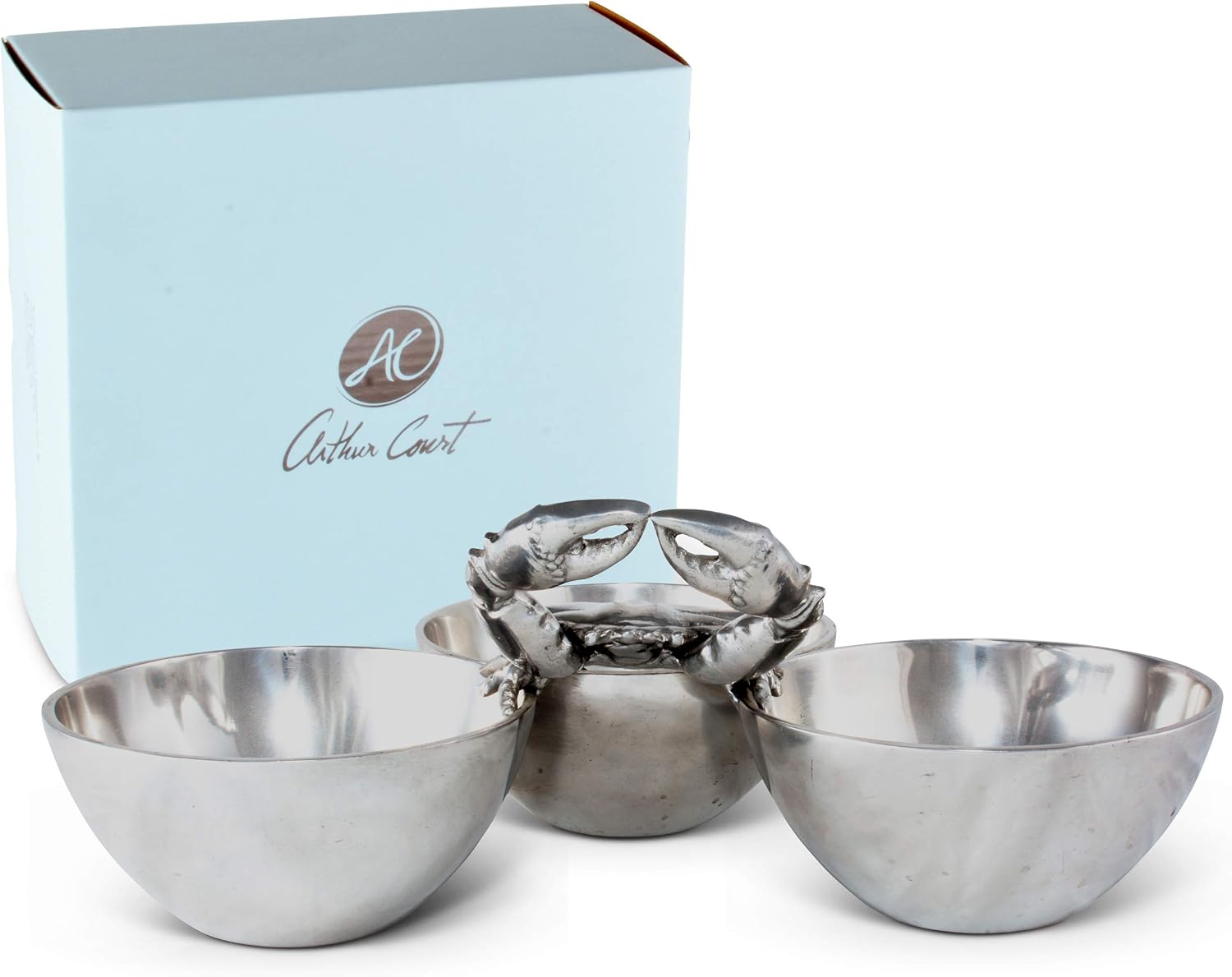 Arthur Court Designs Aluminum Crab 3 Bowls Dip Sauce Nut Candy Serving Set 13.25 inch Long