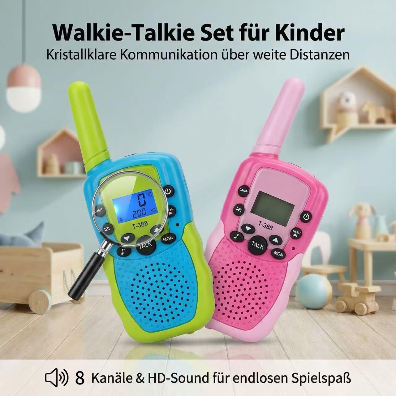 Kinder Walkie Talkies 2er, geeignet für Jungen und Mädchen, Reichweite 3 km, VOX und LED-Taschenlampe, Outdoor-Camping-Abenteuer-Spielzeug, Blau-Grün & Pink-Rot