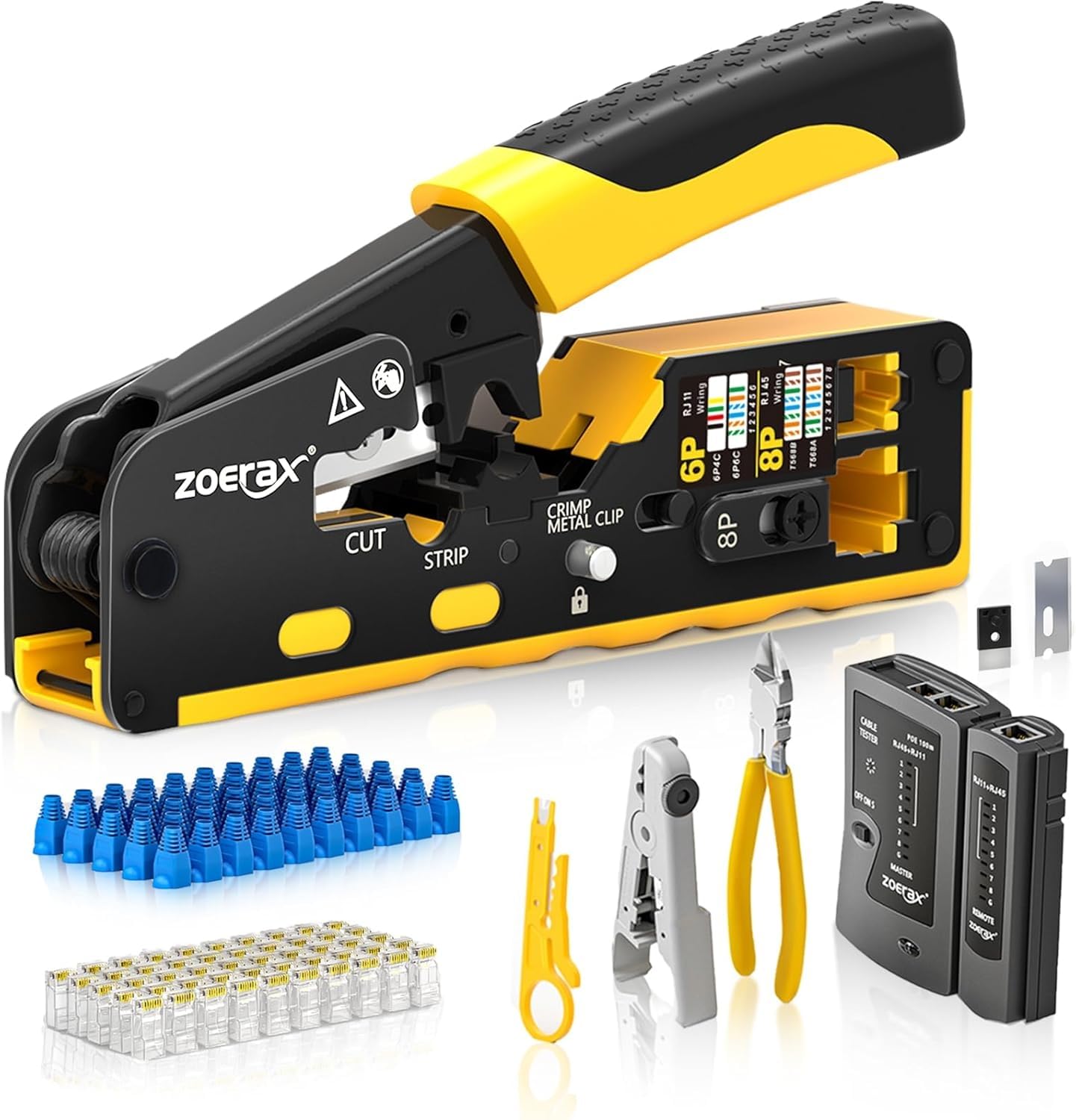 Outil de sertissage Cat7 RJ45, Cat 7, Cat6, Cat5, kit d'outils de sertissage réseau avec testeur de câble, dénudeur multiplié, lames, 50 connecteurs Cat 6 et bottes anti-traction