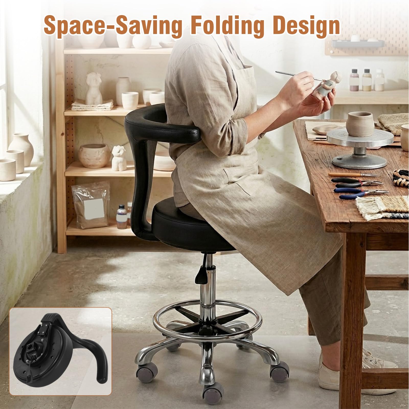 Taburete ajustable con ruedas y respaldo, resistente para oficina, cocina, médico, dentista, tienda, laboratorio y uso doméstico (con reposapiés)