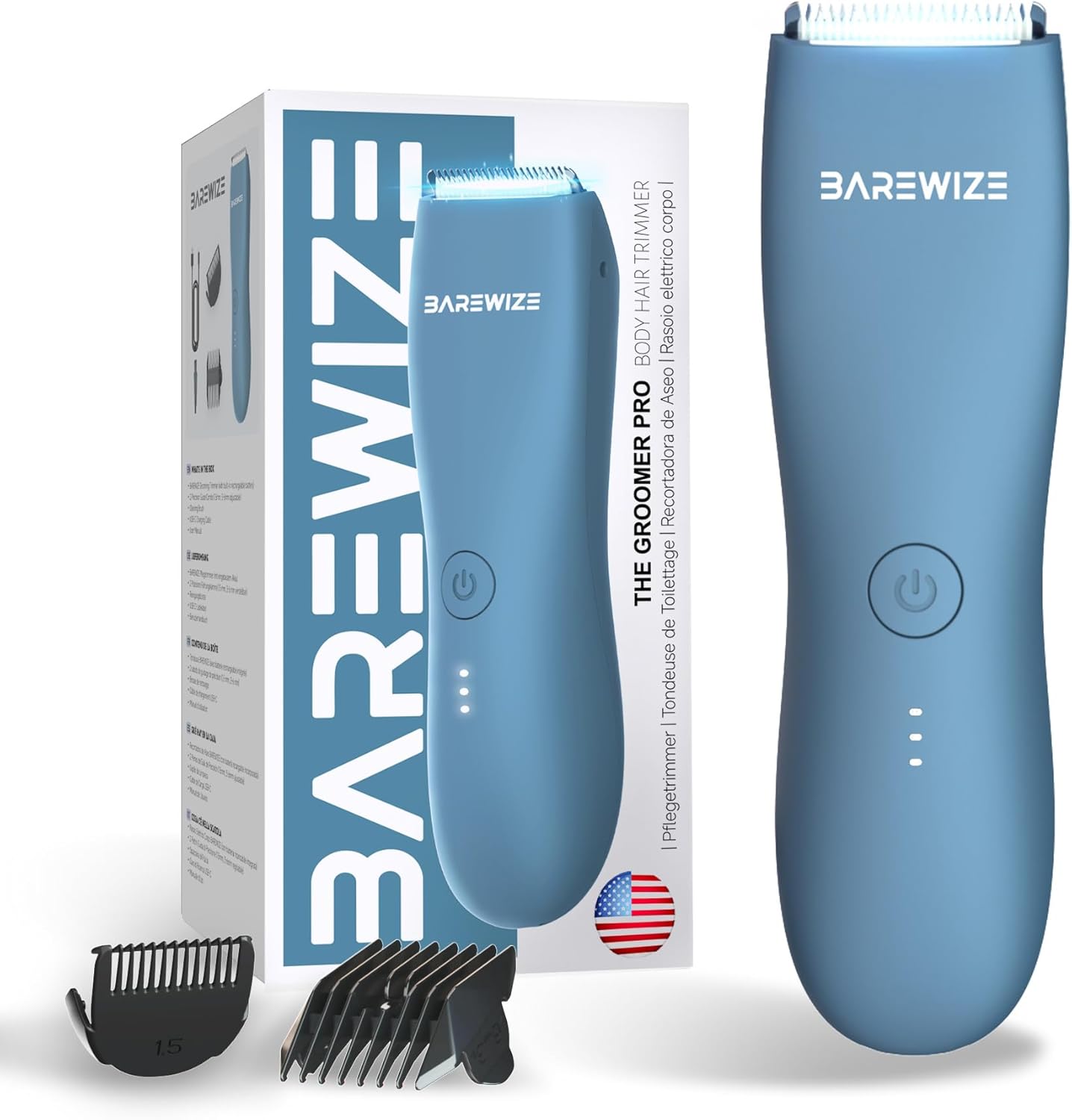 BAREWIZE Body Hair & Pubic Hair Trimmer for Men & Women, Painless Electric Body & Bikini Shaver | Waterproof, Type-C Rechargeable, LED Light, Replaceable Blade, Manscape Personal Groomer (Denim Blue)