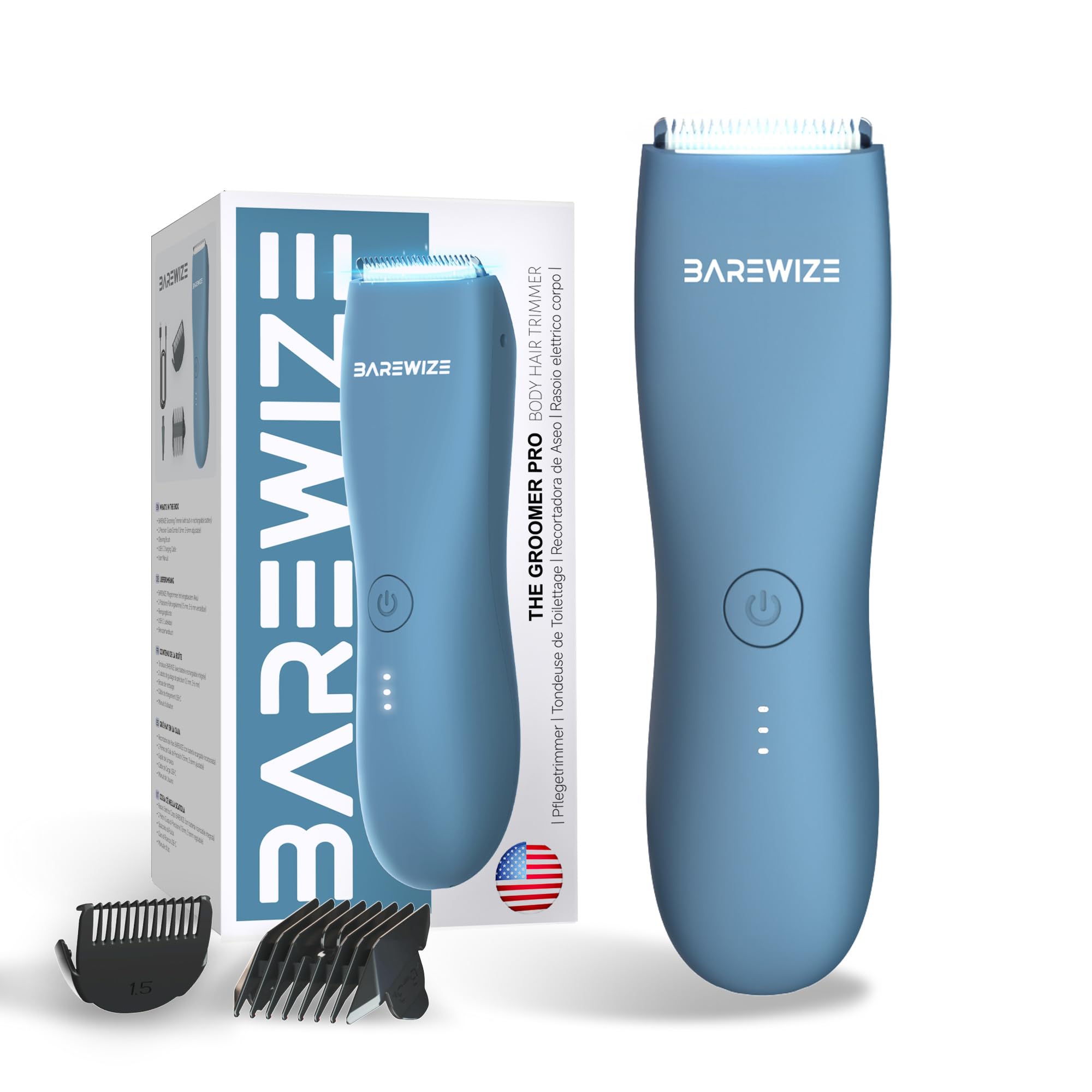 Body Hair & Pubic Hair Trimmer for Men & Women, Painless Electric Body & Bikini Shaver | Waterproof, Type-C Rechargeable, LED Light, Replaceable Blade, Manscape Personal Groomer (Denim Blue)