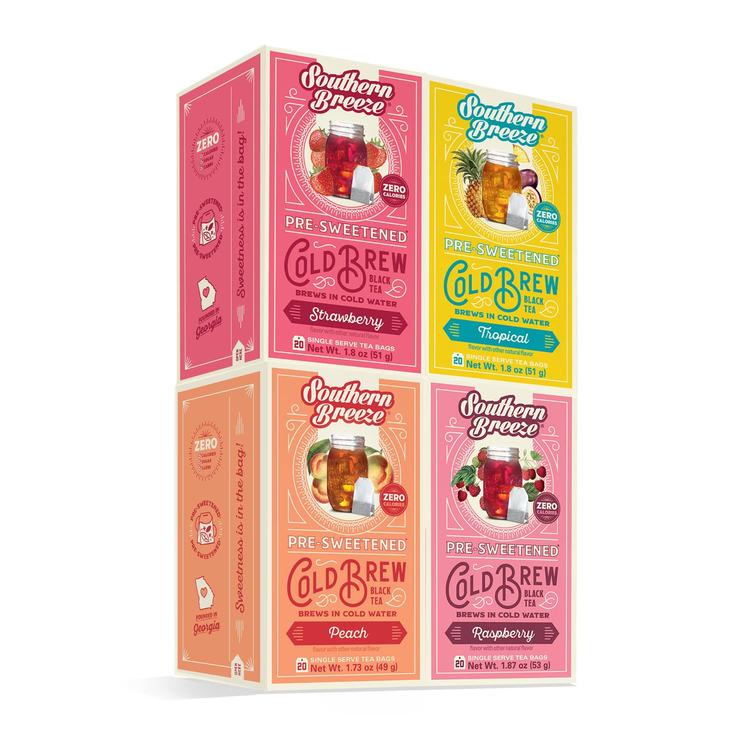 Cold Brew Sweet Tea Variety Pack Iced Tea with Black Tea and Zero Carbs Zero Sugar, 20 Individually Wrapped Tea Bags, Pack of 4 Strawberry, Peach, Raspberry and Tropical