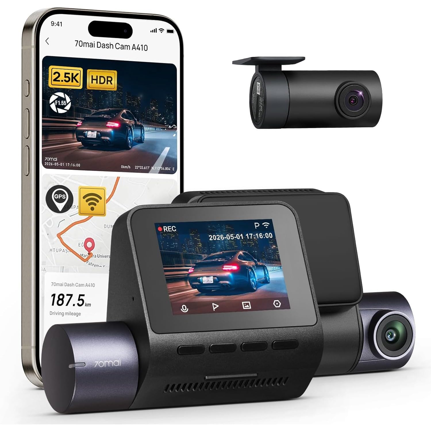 70mai A400 Dual Channel Car Dash Cam, 1440p Front & 1080p Rear, WDR, Night Vision, G-Sensor, App Playback & Share, Optional Parking Monitoring (Gray)