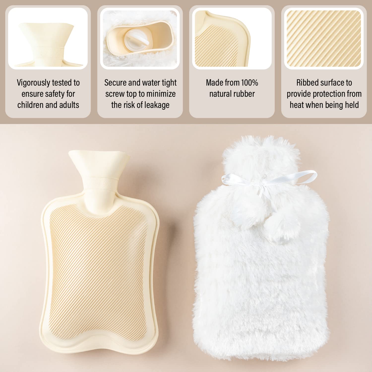 2 x Wärmflaschen mit Bezug UK – 2 x Naturkautschuk 2 Liter Wärmflaschen – perfekter Wärmbeutel zur Schmerzlinderung, Handfüße wärmer (cremefarbene Flaschen mit 1 x Babyrosa & x weißer Abdeckung)