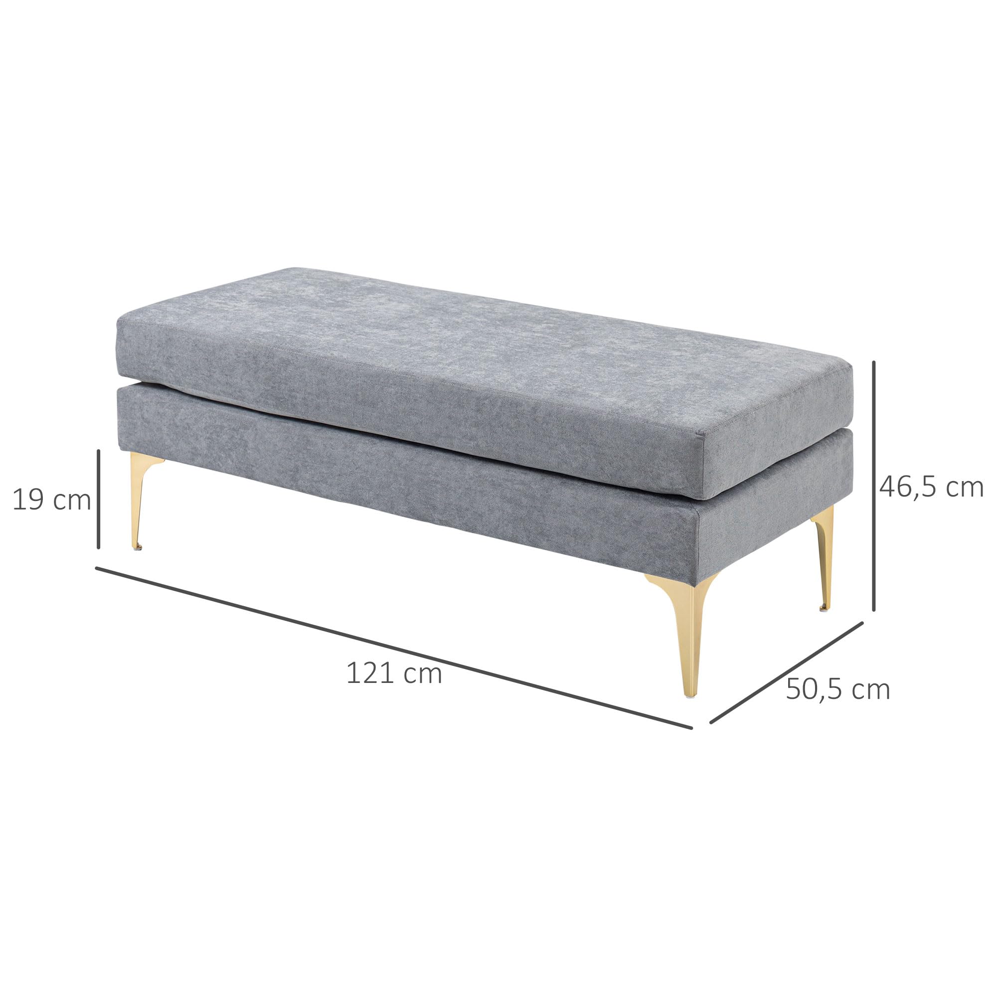 HOMCOM Banc Bout de lit Banquette Banc d'entrée Coussins d'assise Double Pieds en Acier Design Moderne Grande capacité de Charge 120 Kg 121 x 50,5 x 46,5 cm Gris Clair