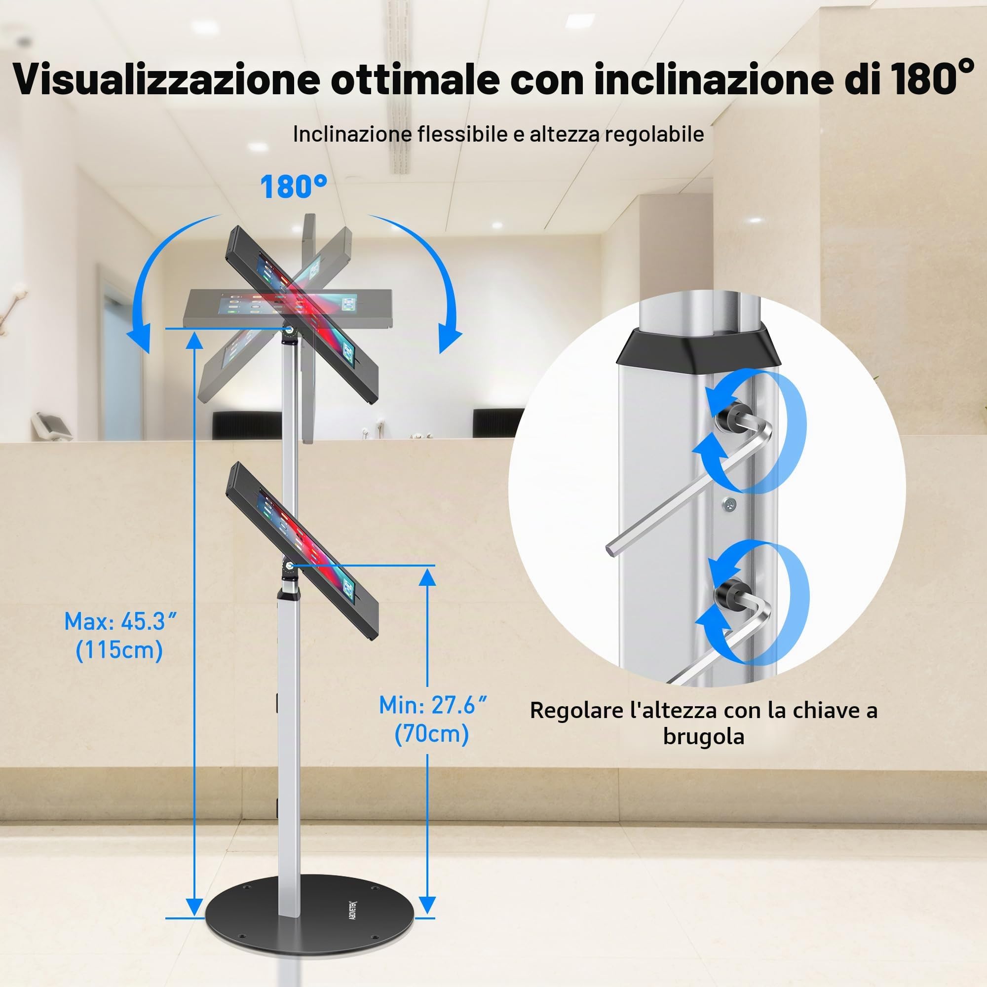 AboveTEK Supporto da Pavimento Antifurto per iPad, Piedistallo per Tablet POS ad alta Sicurezza, Custodia di Sicurezza Regolabile in Altezza con Serratura e Meccanismo a Chiave per iPad Air Pro