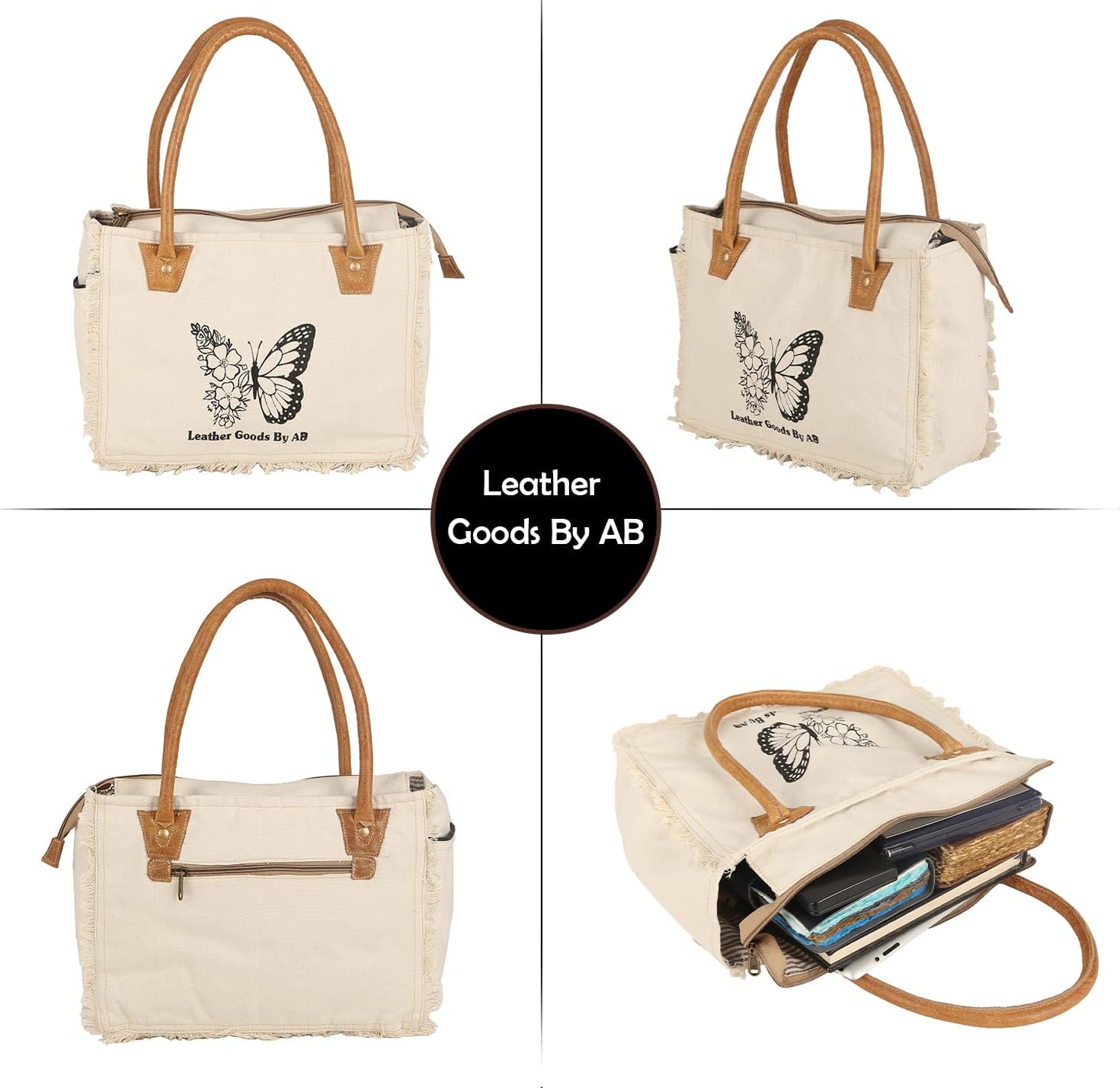 LGBAB The Butterfly Upcycled Canvas & Cowhide Leather Tote Bag, Hand Bag With Leather Accents - Image 8