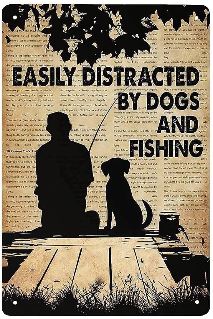 Fishing with Dogs Vintage Poster Metal Tin Sign Iron Painting Plaque Wall Decor Bar Club Novelty Bathroom Cafe Store 12x16 Inch