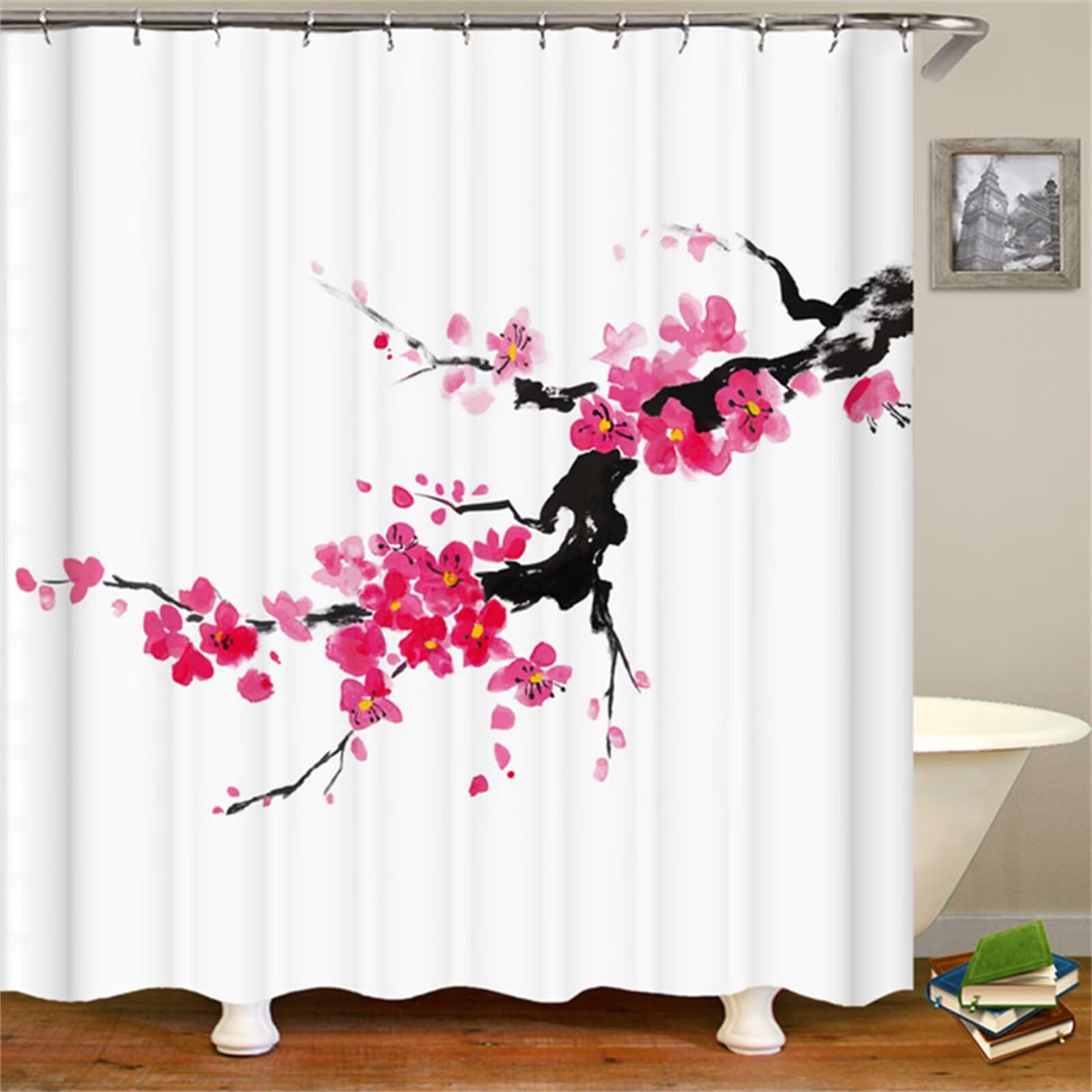 Fleur de prunier Rideau Douche W220cm x L200cm Rideaux de Douche Anti Moisissure Tissu Imperméable avec Crochets,Rideaux Lourd Polyester Lavable,3D Shower Curtain Baignoire Salle de Bains Decor M-229