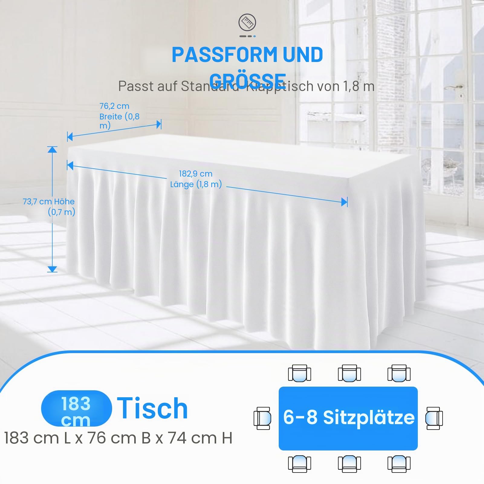 EMART Spandex Tischröcke 182x76cm Weiß Stretch Tischdecke mit Rock, Faltenfreie Waschbare Rechteckige Tischdecke Weiß für 1.8m Rechteck Tische für Partys, Hochzeiten, Bankette, 1 Stück | Faltenbeständig, Bankette, Hochzeiten, Geburtstagsfeiern