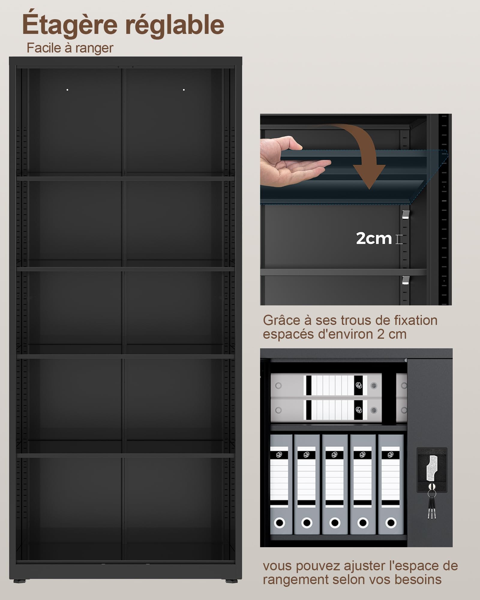 LAND·VOI Armoire en Acier 5 Niveaux avec Serrure Étagères Réglables Portes Battantes Armoire de Bureau Rangement Métallique pour Bureau Garage Cuisine Atelier 80×40×181.5 cm Noir