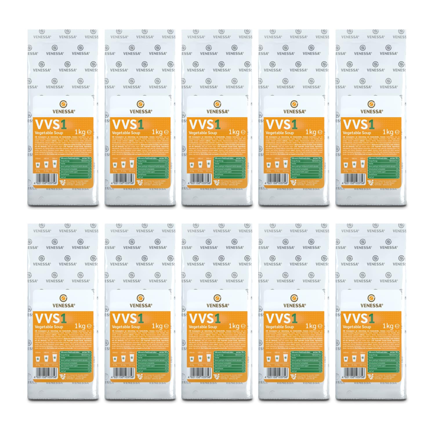 Venessa VVS1 Sopa de verduras 10 x 1 kg - Fresco y fino - Sabor vegetal natural - Soluble, sin grumos - Adecuado para todas las máquinas de café Vending, oficinas, autoridades