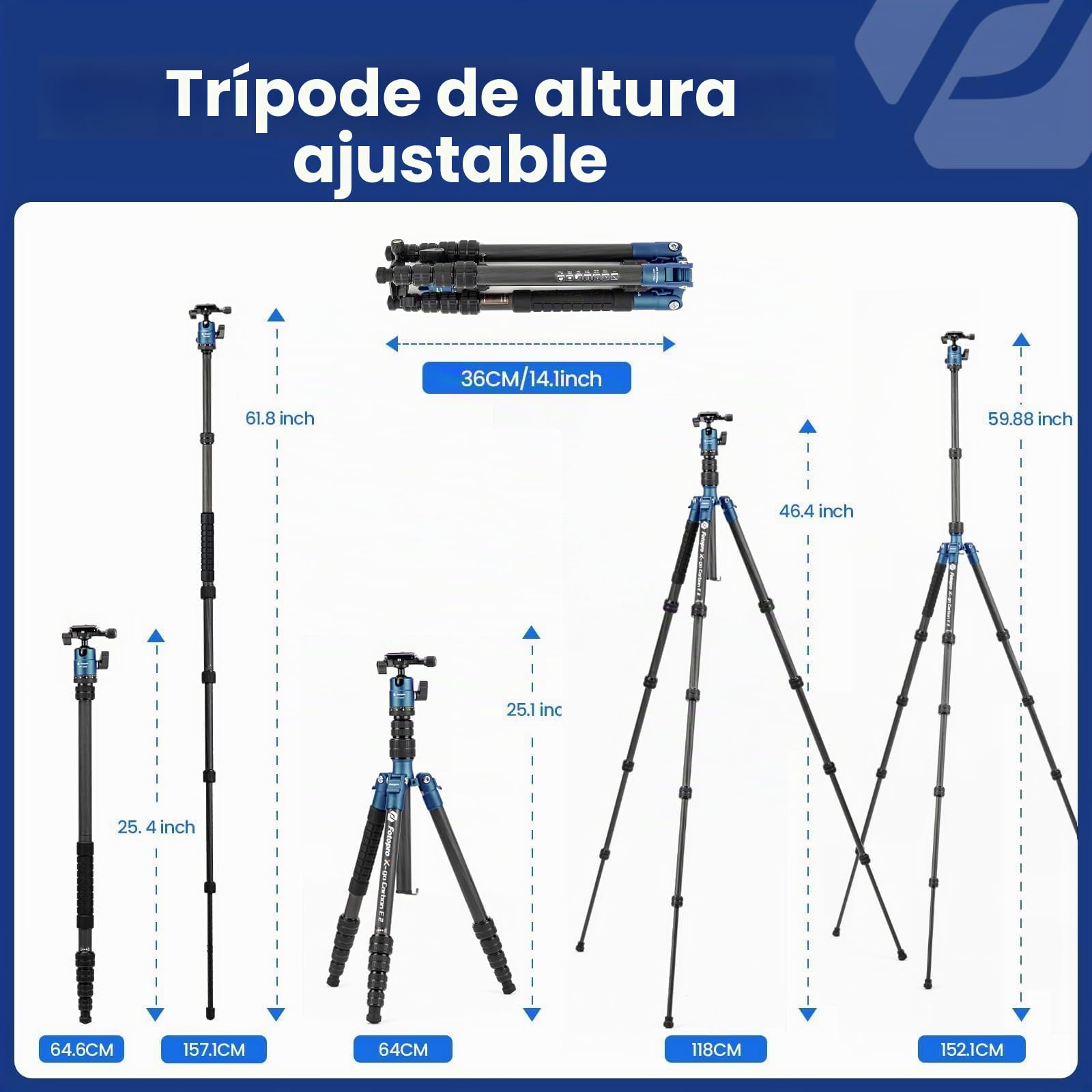 Fotopro Trípode de Viaje de Fibra de Carbono de 59 Pulgadas, trípode de cámara Compacto con Cabeza de Bola, monopie Desmontable con Placa de liberación rápida y Bolsa, Carga hasta 8 kg (Azul)