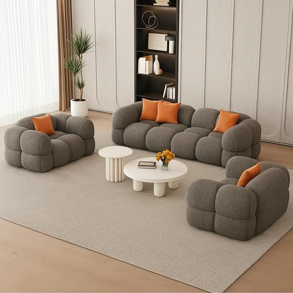 Casa Vera Bubble Sofa Set, Soft Fabric, 3-Seater Sofa with 2 Accent Chairs, Modern Style Living Room Furniture (Grey Boucle)-image-26