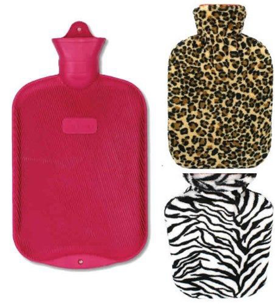 Lily’s Home Rubber Hot Water Bottle for Cramps and Pain Relief with 2 Fleece Animal Print Covers 2 Liter