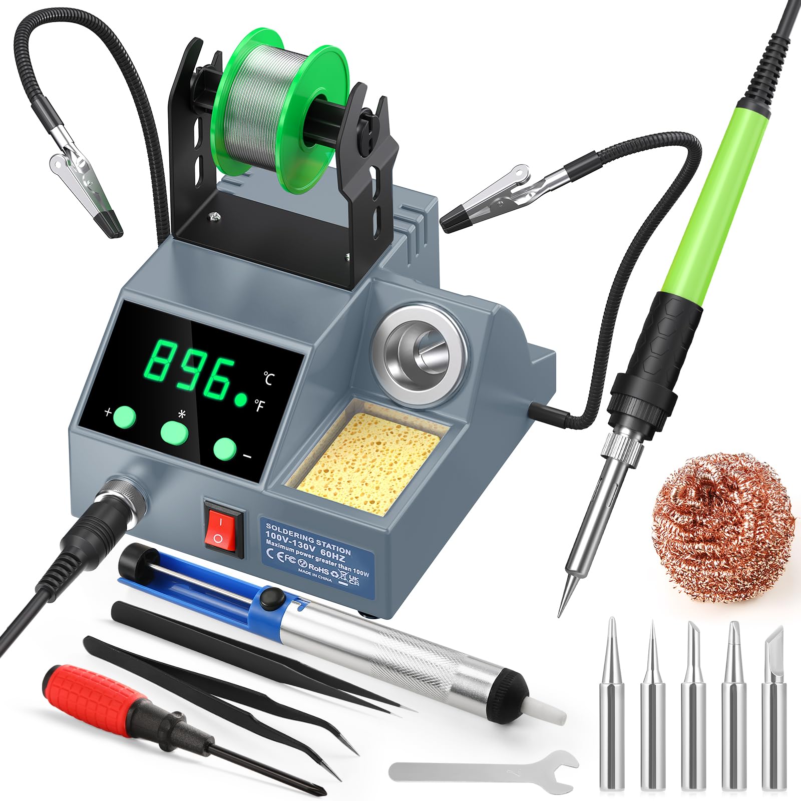 Soldering Station, 100W Digital Display Soldering Iron Station Kit with 2 Helping Hands, 356°F - 896°F, Auto Sleep, °C/°F Conversion, Solder Wire,