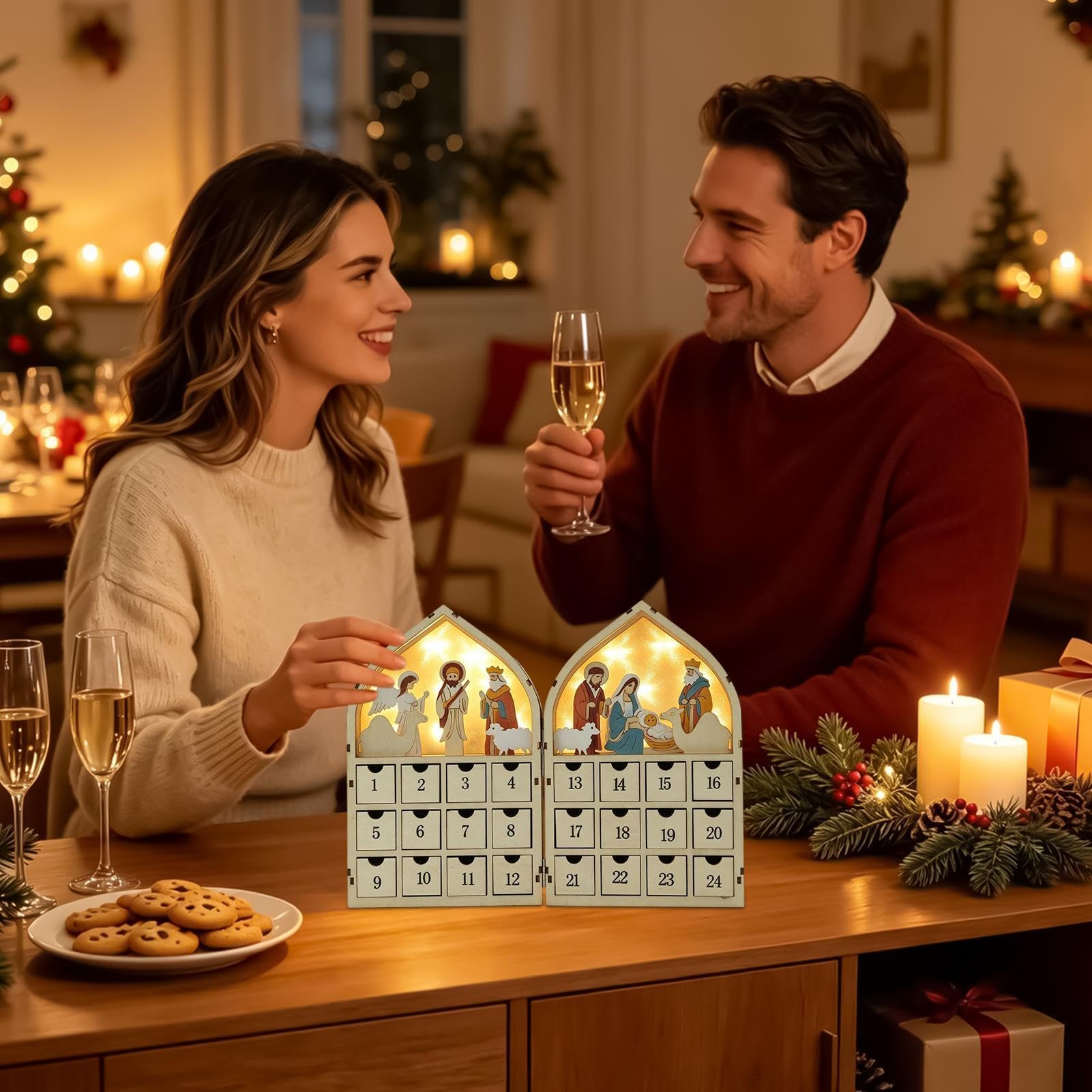 Calendrier de l'Avent en bois Boîte Décorative Crèche 24 Tiroirs