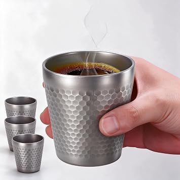 Stainless Steel Espresso Cup-4pcs Set,Double Wall Insulated Metal Demitasse Cups, 6 oz 175ml,Mini Coffee Cup for Beverages, Diamond Pattern Anti-Slip and Scalding.