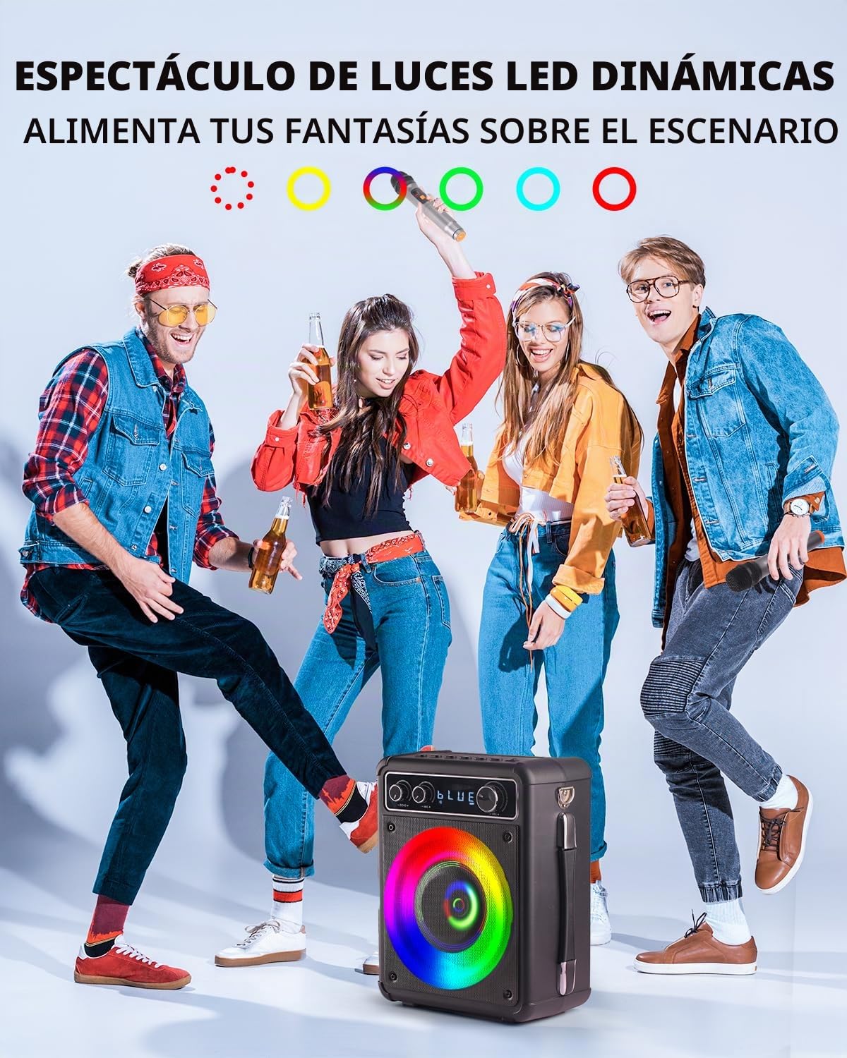 BONAOK Karaoke Profesional Inalámbricos con 2 Micrófonos, Máquina de Karaoke con luz Altavoces Bluetooth Sistema PA Soporte FM/USB/TF Card/Rec/AUX para la Fiesta al Aire Libre/Interior