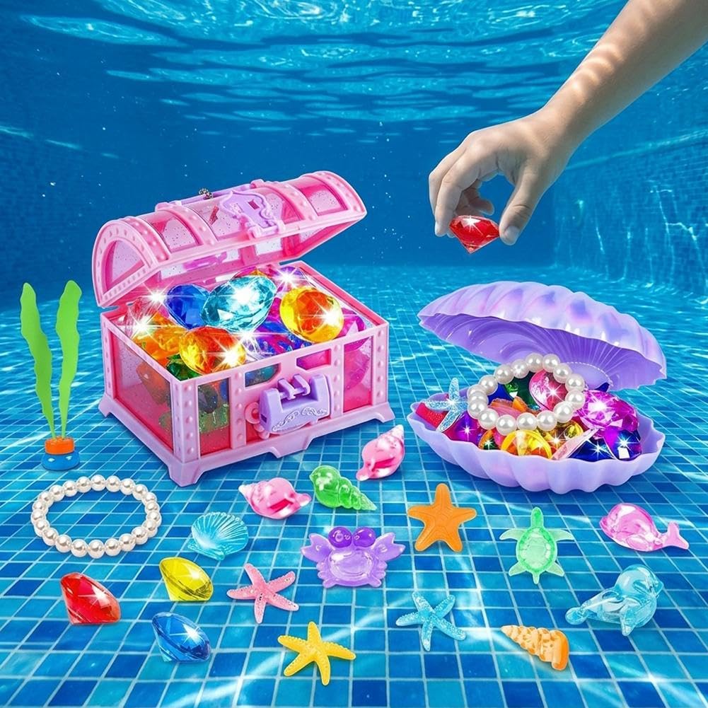33 Pcs Diving Pool Toys with Pirate Treasure Chest, Large Colorful Sinking Gems for Underwater Swimming Games, Summer Water Fun, Acrylic Diamond and Animal Jewels Set