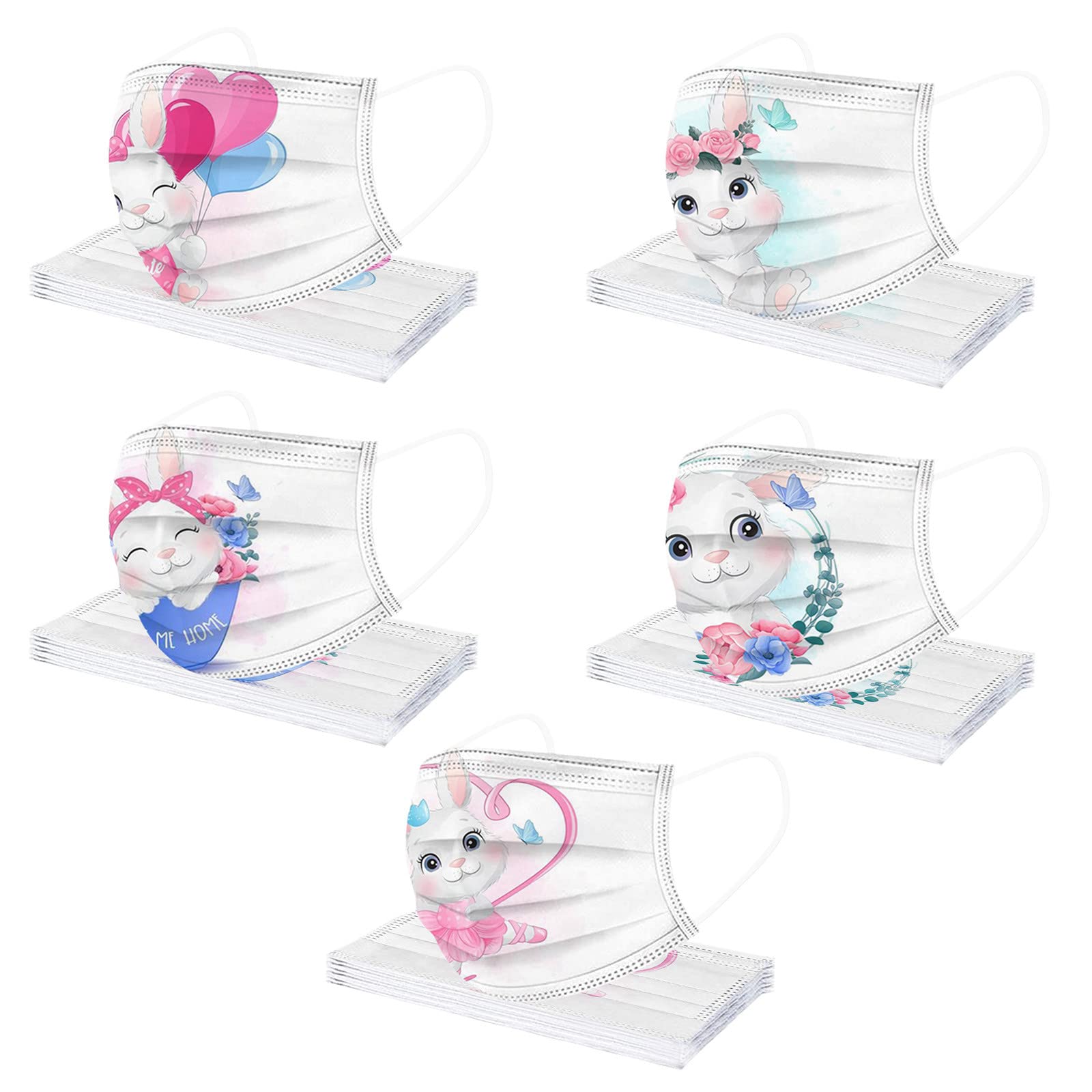 50PCS Easter Disposable Face Masks for Kids, Cute Rabbit Paper Easter Masks 3 Ply Breathable Covering for Children Daily Use
