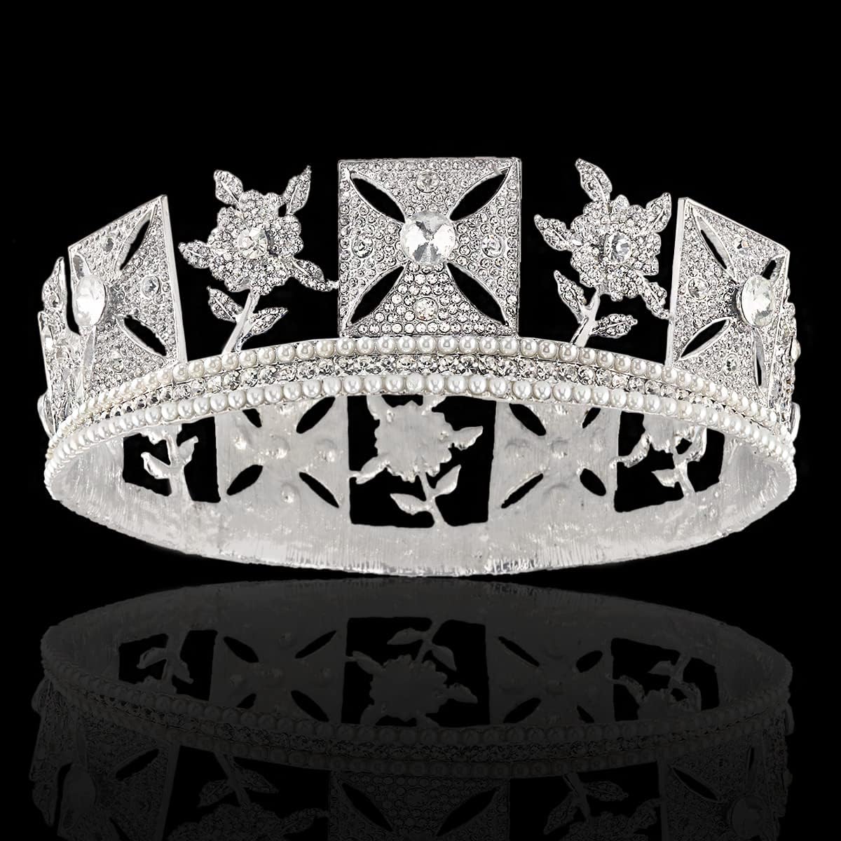 Retro Rhinestone Pearl King Queen Crown Full Circle Crown Wedding Headdress For Wedding Pageant Party Photography Christmas Gifts (Without Flannelette) - Image 6