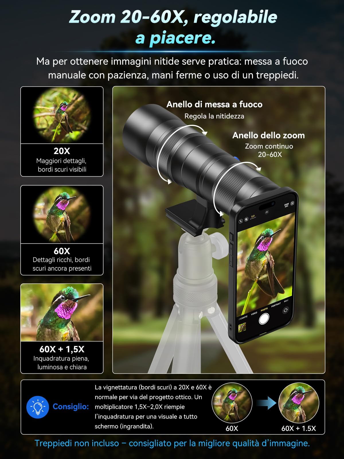 APEXEL Obiettivo zoom 20-60X con custodia integrata per iPhone 15 Pro - Teleobiettivo zoom professionale