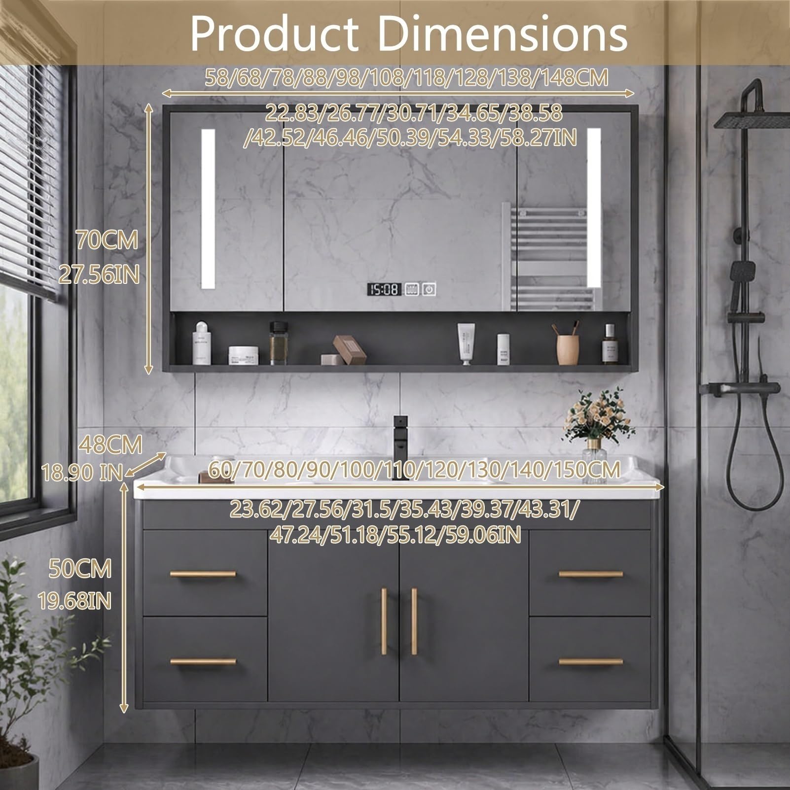 Badmöbel Set mit Waschbecken und Spiegelschrank, Hängender Waschbeckenunterschrank mit Keramikbecken, Modernes Badezimmermöbel Set mit Stauraum für Bad