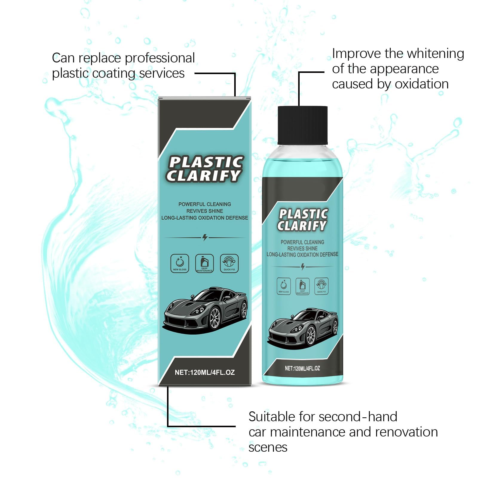 Plastic Clarify for Cars - Waterless Spray Wax & Restorer for Interior & Outside - Revives Faded Trim, Dashboard & Rubber with UV Protection