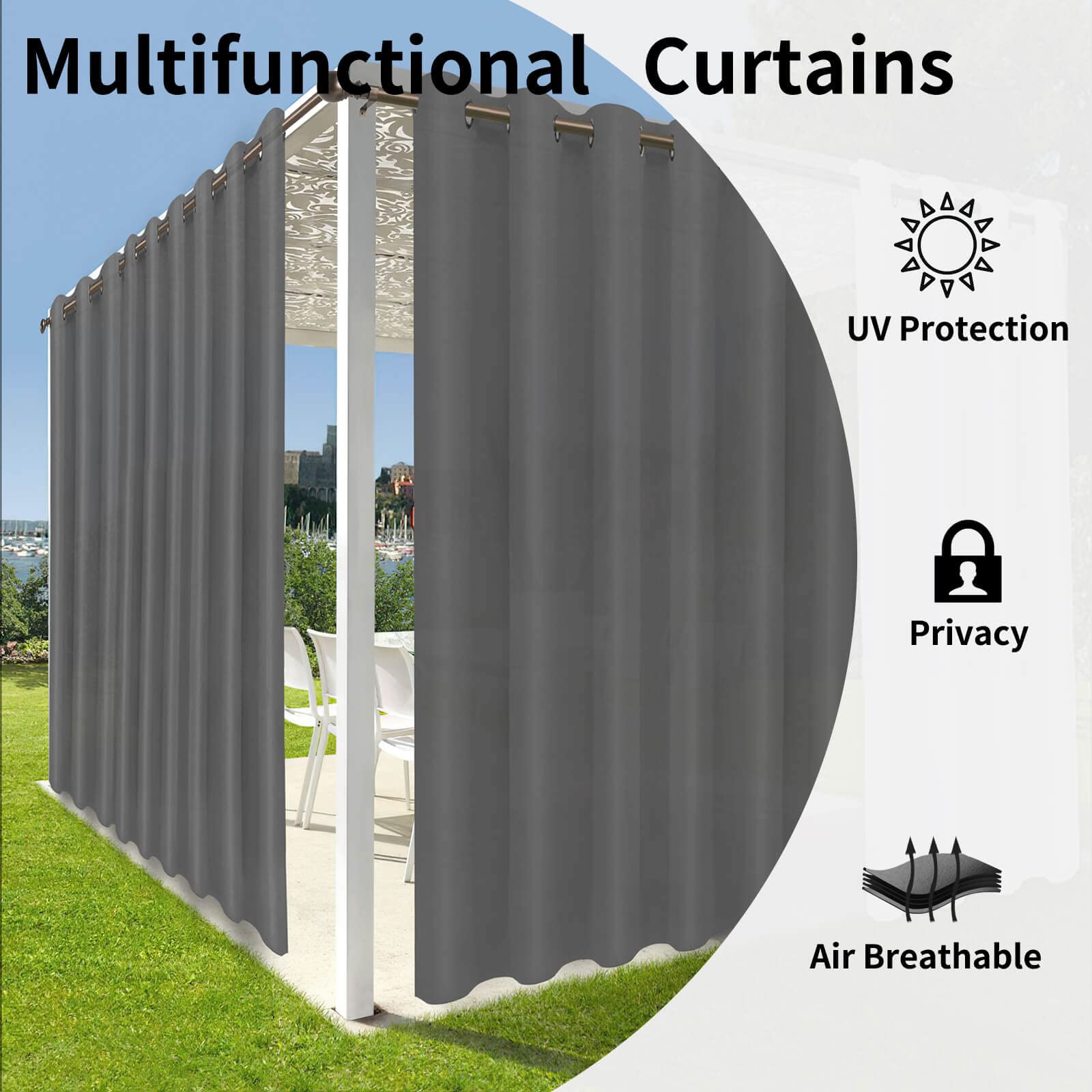 OutdoorLines Wasserdichte Vorhänge für drinnen und draußen | Ösenvorhang, UV-beständige Vorhänge für Pavillon, Veranda, Pergola, Grau, 380 x 213 cm, 1 Paneel