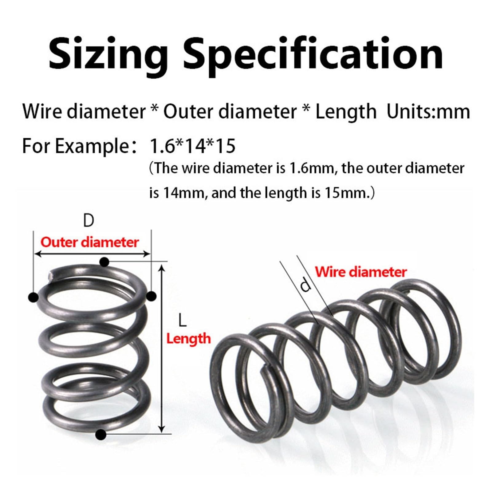 10 Mole Di Compressione In Acciaio 65MN – Diametro Filo 1,5 Mm, Diametro Esterno 8-25 Mm, Altezza 15-100 Mm