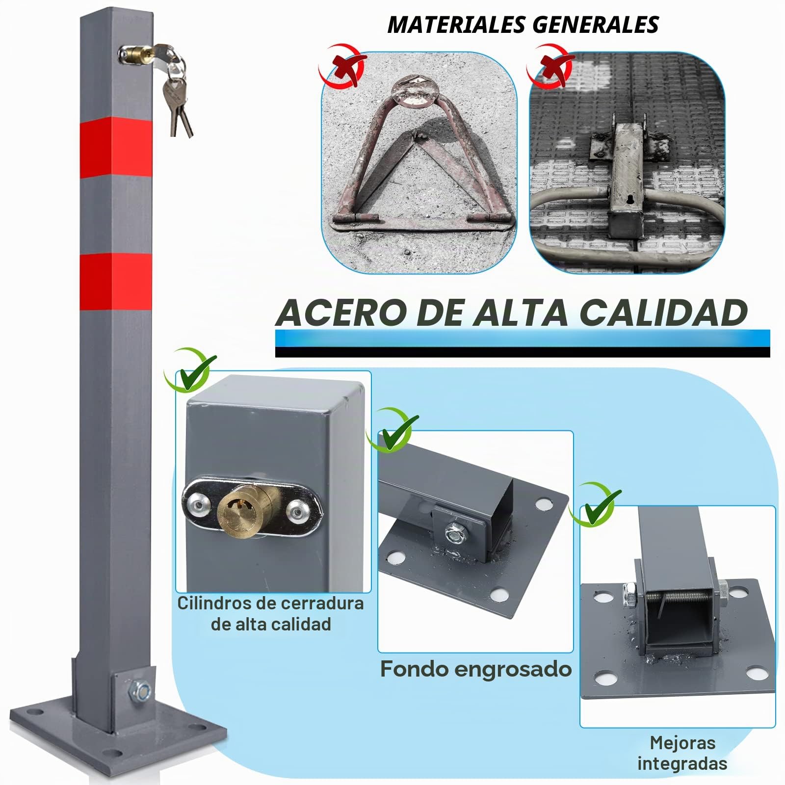 Postes de aparcamiento plegable, barrera de aparcamiento, bolardos de color de señal, 3 llaves, acero resistente, soporte estable, 1 pack