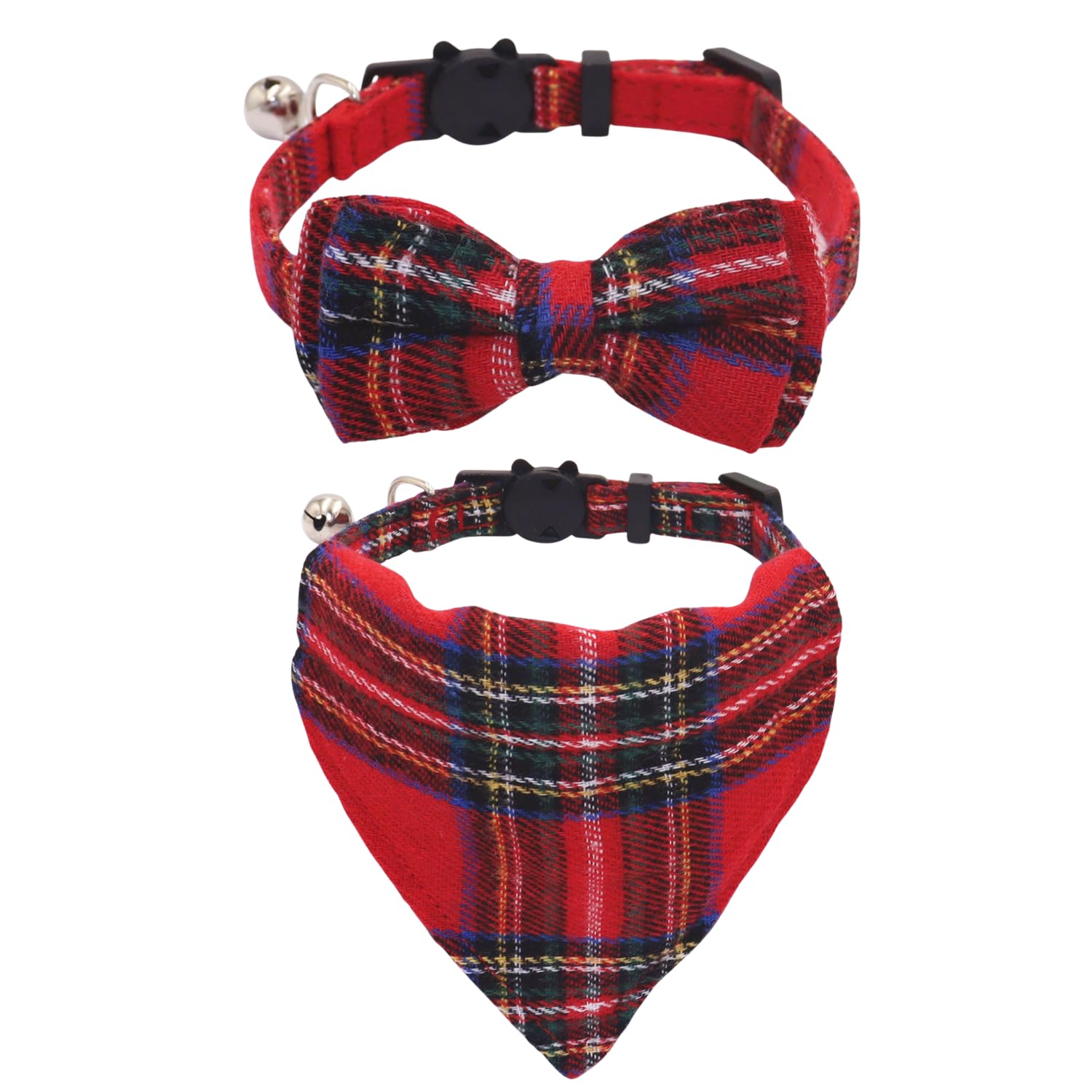 WDPAWS Cat Collars Breakaway with Bow Tie and Bandana, 2 Pack Red Blue Plaid Holidays Kitten Collar with Bell, Removable Bowtie Bandana Cat Collar for