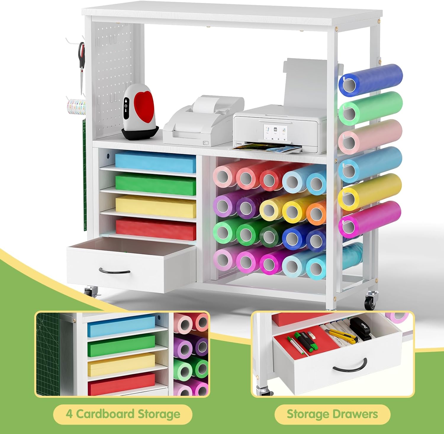 Craft Storage Cart, Compatible with Cricut Cutting Machines, Features a Vinyl Roll Holder and Drawers,A Mobile Storage Table for Crafting Tools and Accessories, Suitable for Studios, Offices